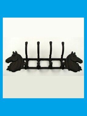 One (1) Cast Iron Two Horse Heads w/ Four Double Hooks on 17 3/4"wide Rack 08677